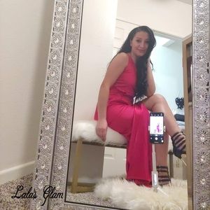 Red one shoulder red satin dress - slit